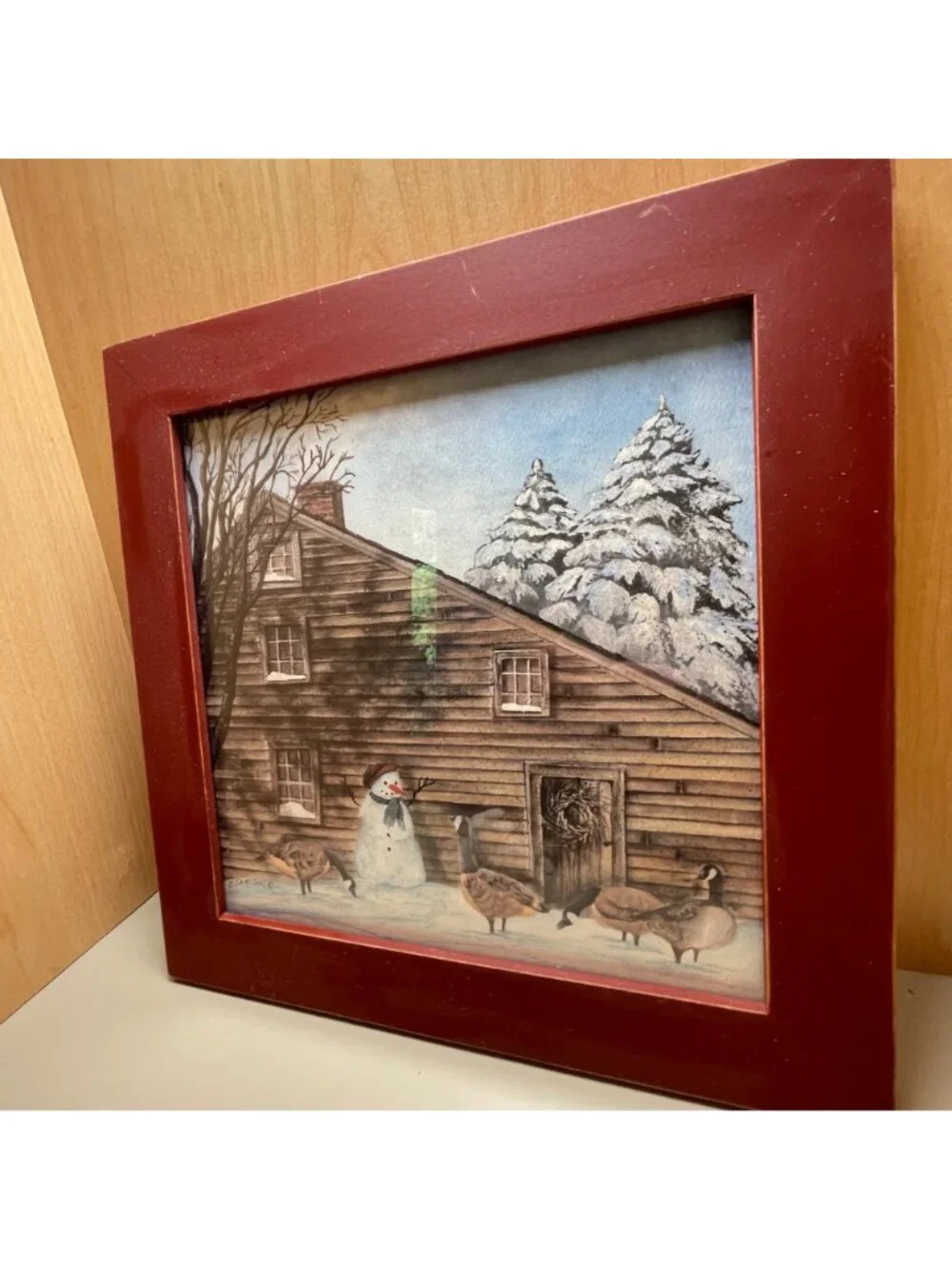 Framed Winter Scene Print by C. Sampson Featuring Snowman & Geese with Rustic Ba